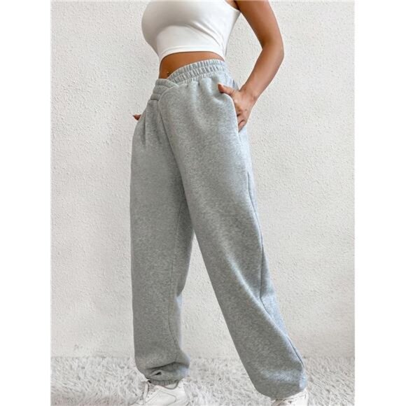 Women's Gray High Waisted Crossover Sweatpants Baggy Athletic Joggers Pants - Picture 4 of 7